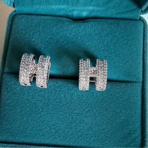 Hermes Copper Alloy (Bass Metal) Palladium Plated Diamonds H Earrings
